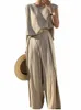 2024 Spring and Summer New Cott and Linen Fi Casual Loose Two-piece Sleevel Top Loose Wide-leg Pants Ladies Pants Sets s2ms#