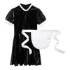 men Maid Uniform Outfit Patent Leather Short Puff Sleeve Zipper Dr with Apr Costume Sexy Sissy Crossdring Fancy Dres Q8lx#