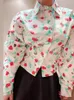 Женские блузки, лето 2024, хлопковая женская блузка с отложным воротником и цветочным принтом, повседневная плиссированная женская рубашка с рукавами «летучая мышь» на пуговицах