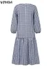 Plus -storlek Vonda Autumn Plaid Dres sundress Oneck långärmad Ruffled Maxi Dress Elegant Casual Vintage Vestidos 240312