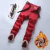 men's Winter Warm Fleece Khaki Red Jeans 2023 New Busin Fi Stretch Slim Fit Denim Thick Casual Pants Male Brand Trousers g35y#