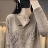 new 100% Wool Cardigan Women's Heavy Industry 3D Hooked Round Neck Thin Sweater Coat Casual Loose Knit Women's cardigan sweater E9V8#