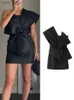 Basic Casual Dresses TRAF 2024 Damesfeest Mini-jurk geplooDed One-Shoulder Bow Elegant Mouwess For Women Fashion Black Club YQ240328