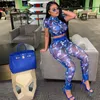 cutenova Mesh Suit Colorfull Printed Short Sleeve O Neck Crop T-shirt+Pant Tracksuit Woman 2pcs Casual set C3M6#