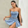 Puloru Vrouwen Zomer Denim 2 Stuks Sets Vintage Streetwear OffShoulder Strapless Crop TopsMini ALine Geplooide Rokken Outfit 240319