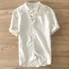 Belangrijkste stijl puur linnen casual korte mouwen mannen merk zomer shirts voor mannen stand kraag comfortabele shirts mannelijke chemise c4ud #