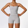 Al Womens Yoga Two Piece Suit VestショートパンツExceriseスポーツジムランニングトレーナーサマーショーツエラスティックハイウエストスポーツウェア