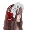 Party Supplies Ruffled Lace Headpiece Headband Japanese Style Crisscross Ribbon Pearls Maid Headdress Vintage Lolita Dress Accessories For