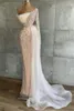 Party Dresses Pink Beaded Sequins Sexy Evening Dress Arabic Dubai One Shoulder Illusion Prom Occasion Gowns Mermaid Formal Wedding Robe