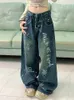 Jeans pour femmes UETEEY Femme Denim Pantalon Chic Mop Peint Y2K Lavé High Streets Wide Leg Losse Mode Pantalon pleine longueur