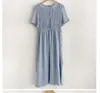 Robes de soirée rides Robe d'été femmes coton lin décontracté à manches courtes Femme O cou solide bleu Boho Robe Femme