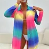 Women Swimsuit All Conservative Bikinis Beach Cover Up With Mesh Print Long Sleeve Sexy And Loose Fit One Size Fits Colorful