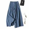 Azul sólido casual elástico cintura alta cott linho calças femininas coreano fi perna larga tornozelo comprimento calças para mulher 2024 primavera g4v2 #