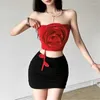 Réservoirs pour femmes Femmes 3D Fleur Avant Bustier Bandeau Tube Top Wrap Poitrine Été Vintage Épaule Nue Dos Nu Gilets Ajustés