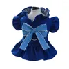 Vêtements pour chiens Robe pour animaux de compagnie avec décoration Bowknot Élégant Denim Manches à volants pour chiens Chats Mignon Tenue d'été Petit