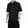 2024 Summer Crane broderi Top Traditial Chinese Style Mens Vintage Half Sleeve Linen Shirts Madarin Collar Kungfu Shirt W86K#