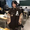 Vintage Brown Jackets Patchwork PU Leather Embroidery Jacket Fashion Oversized Baseball Coats Autumn Women Clothes Y2K Coat 240320