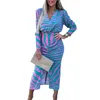 Casual Dresses 2024 Party Women V-neck Long Sleeve Dress Striped Print High Waist Front Split Hem Office Lady Midi Vestido Workwear