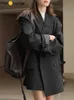 HanOrange printemps mode rétro large épaule Double boutonnage costume manteau femmes 3D droit Blazer BlackOat 240318