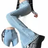 Retro Blue Elastic Jeans Damen Hohe Taille Show Flare Hosen Neue Ankunft Desnim Wide Leg Slim Fit U6Gy #