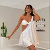 Elegant White One Shoulder Hollowed Out Mini Dress With Strapless Vest Women Fashion Backless Satin Robe Sexy Lady Date Vestidos