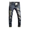 Nowo projektant Fi Men Jeans Retro Black Blue Slim Slim Fit Ripped Dżinsy Mężczyźni Haftowane Patche Vintage Denim Spods Homme D1lc#