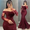 Glitter Sequins Burgundy Mermaid Evening Dresses Off the Shoulder Long Sleeves Lace Women Formal Prom vestidos de noche 2024