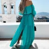 Lässige Kleider, langes Kleid für Damen, schulterfrei, Chiffon, Schnürung, einfarbig, Rüschen, Strandmode, Blau/Orange