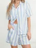 Vêtements à domicile chronstyle Femmes Casual Striped Imprimé 2 pièces Pyjama Définit des boutons à manches courtes vers le haut