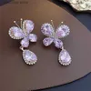 Charm Zircon Kelebek Su Damla Küpeler Kızlar İçin Tatlı Serin Stil Pembe Damla Küpe Zarif Moda Olgle Dainty Jewelry Y240328