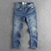 Men's Jeans Cotton Denim Men Amekaji Light Blue Distressed Washed Pants For Youth Male American Casual Basic Slim Straight Trousers