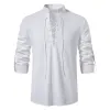 Chemises en lin Cott pour hommes Chemise à manches Lg Col en V Blouse décontractée Printemps Été Mince Frt À Lacets Hauts Respirant Hommes Vêtements X82F #