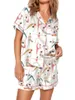 Hemkläder Kvinnors satinpyjama Set Lapel Neck Button Down Short Sleeve Tops Elastic midjeshorts 2 stycken Lounge Sleepwear