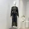 Vestidos casuales 2024 Diamantes de impresión floral negro Seda prensada Manga larga con cordones Vestido midi vintage