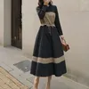 Casual Dresses Overized Women Faux Two Piece Patchwork Dress 2024 Spring Autumn Loose Midi Long Tunic Robe L-4XL 1083