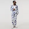 mens New Fi Slim Print Blue And White Suits Set 2PCS Suits Coat+ Pants Performance DJ Jacket Luxury Singer Star Coat u6mu#