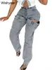 Chic Big Hollow Out Design Night Club Blue Jeans Cargo Calças Mulheres Cintura Alta Reta Elástica Calças Jeans Streetwear Bottoms x3tw #