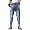 Summer Men Rised Dżinsy Fi Streetwear Casual Blue Lightweight Slim Fit Patches Denim Spods M6KH#