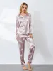 Pyjama en Satin pour femmes, ensemble 2 pièces, manches longues, imprimé paon, chemise à boutons et pantalon élastique, vêtements de nuit doux, vêtements de maison