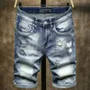 light blue ripped denim shorts men's tide brand men's five-point pants slim trend breeches men's shorts thin secti T8ni#