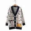 Fi Carto maglione cardigan con scollo a V donna 2023 inverno nuovo simpatico gatto retrò Profial cappotto lavorato a maglia con maniche Lg 15jq #