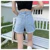 Mulheres Crossover Design A-line Perna Larga Azul Denim Shorts Street Style Jovem Capris Verão Feminino Cintura Alta Mini Jeans O6ZN #