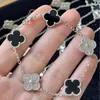 Brand Fashion Van V Gold Plated 18K Rose Four Leaf Grass Natural Black Agate Spacer Set with Full Diamond Bracelet for Women Jewelry with logo