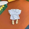 Tシャツ2023夏の新しい女の赤ちゃんネイビーカラー服セット幼児半袖格子縞のラペルシャツ +ショートパンツスーツ幼児PPパンツSet24328