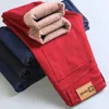 men's Winter Warm Fleece Khaki Red Jeans 2023 New Busin Fi Stretch Slim Fit Denim Thick Casual Pants Male Brand Trousers g35y#