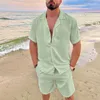 Hommes d'été décontracté lâche deux pièces ensembles plage solide coton lin homme costume à manches courtes chemise et shorts tenues de bureau B77t #