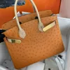 Sac fourre-tout de haute qualité pour femmes, sac à provisions, sacs à main de luxe de 30CM, sac à main blanc en peau d'autruche, couture à la main, sac marron, emballage de boîte cadeau, sac pour dame bicolore