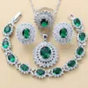 Ensembles de bijoux luxueux en argent 925 pour mariée de Dubaï, boucles d'oreilles en forme de tournesol, zircon cubique vert, collier, bracelet et bagues 220210239x