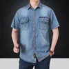 military Denim Shirts Men Summer Casual Short Sleeve Cargo Cowboy Shirt Male Big Size 5XL Wed Blue Army Shirts Chemise Homme i6va#