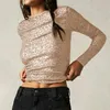 Women's T Shirts 2024 Fashion Women Sequin Top Long Sleeve Round Neck Slim Fit Glitter Shirt Semi Sheer Sparkly Party Tops tee blus